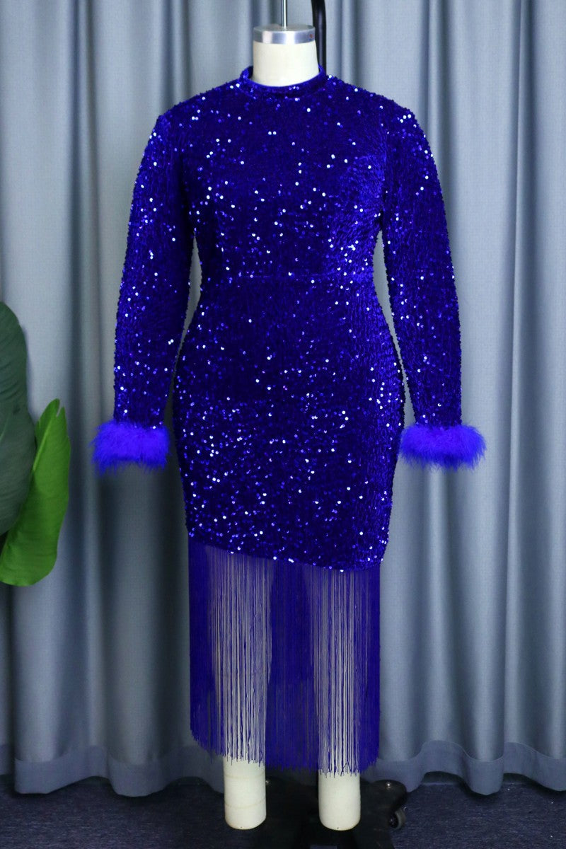 Party Formal Patchwork Tassel Sequins Half A Turtleneck Long Sleeve Dresses