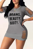 Fashion Sexy Letter Print Ripped O Neck Short Sleeve Dress