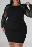 Casual Patchwork Hot Drilling See-through O Neck Long Sleeve Plus Size Dresses