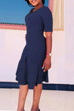 Fashion Slim V-neck Ruffled Dark Blue Dress