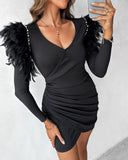 Feather Detail Overlap Ribbed Party Dress