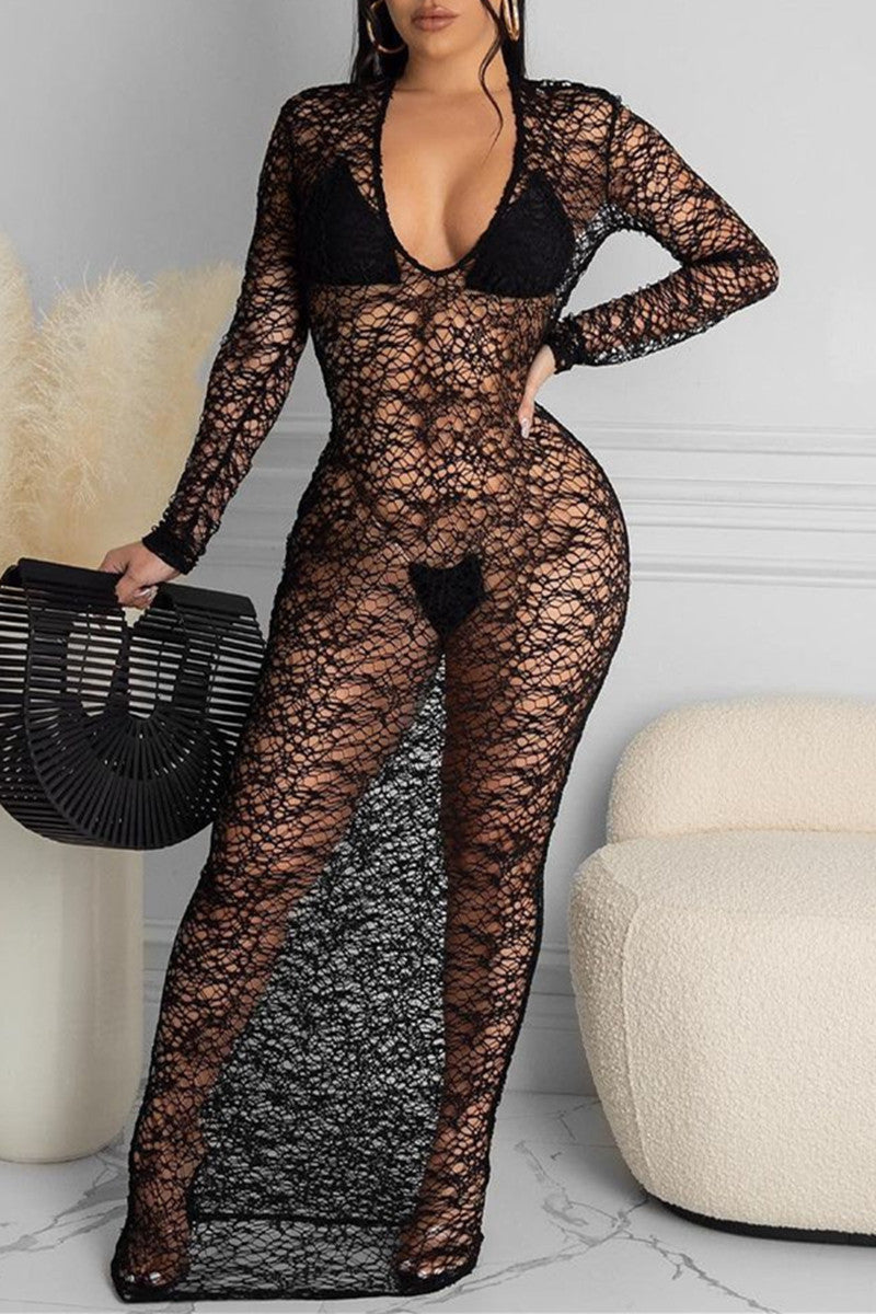 Sexy Solid Hollowed Out See-through V Neck Long Sleeve Dresses