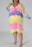 Casual Plus Size Gradual Change Print Patchwork Turndown Collar Shirt Dress (Subject To The Actual Object )