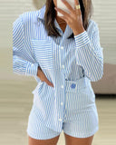 Striped Pocket Design Buttoned Top & Shorts Set