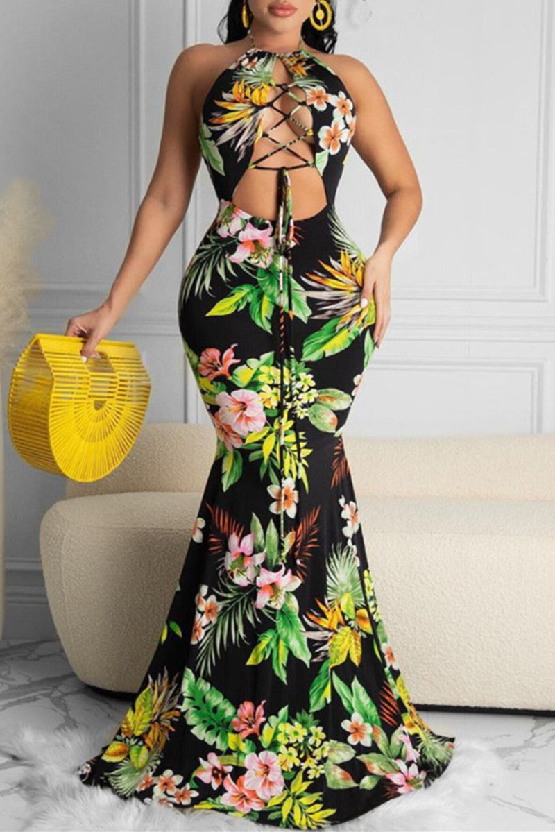 Sexy Print Hollowed Out Backless Strap Design Halter Sleeveless Dress
