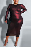 Fashion Long Sleeve Wine Red Plus Size Dress