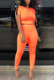 Patchwork Orange Hooded Sportswear Two-piece Set