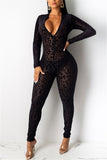 Sexy street Print perspective Leopard grain Knitting Long Sleeve V Neck Jumpsuits