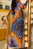 Bohemian Long Sleeves V Neck Asymmetrical Floor-Length Print Dresses