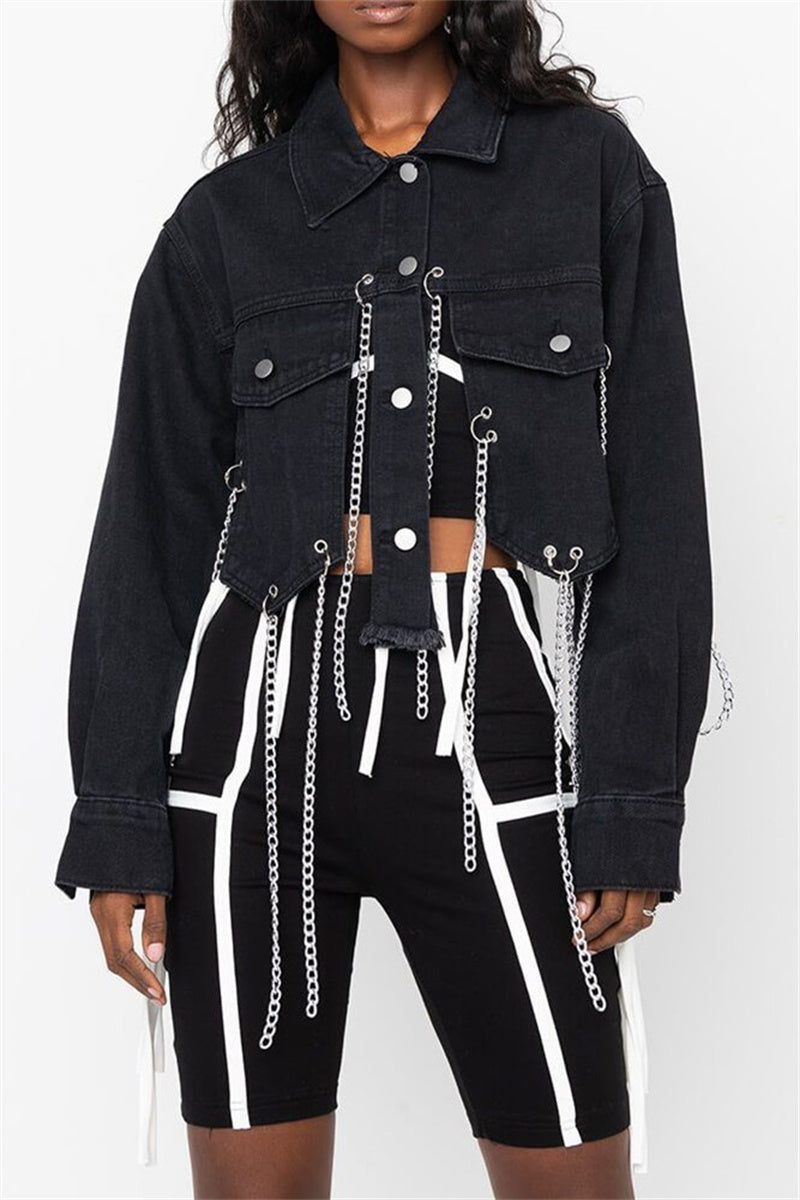 Fashion Casual Patchwork Chains Turndown Collar Long Sleeve Regular Denim Jacket
