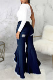 Fashion Casual Solid Ripped Asymmetrical High Waist Regular Jeans