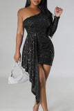 Sexy Celebrities Solid Sequins Patchwork One Shoulder Wrapped Skirt Dresses