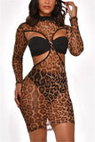 Fashion Sexy Mesh Round Neck Leopard Three-Piece Suit (Dress + Underwear)