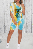 Casual Patchwork Tie-dye V Neck Short Sleeve Two Pieces