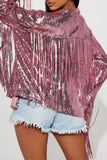 Casual Party Patchwork Tassel Sequins Cardigan Turndown Collar Outerwear