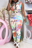 Fashion Casual Print Without Belt Turndown Collar Sleeveless Two Pieces