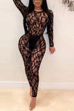 Sexy Perspective Mesh Black Printed Jumpsuit