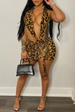 Sexy Leopard Hollowed Out Halter Irregular Dress Dresses