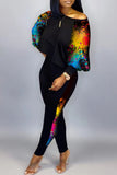 Sexy Casual Print Patchwork Contrast O Neck Long Sleeve Two Pieces