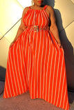 Casual Striped Print Split Joint O Neck Sleeveless Dress Plus Size Dresses