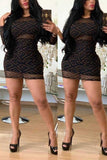 Network Celebrities Cap Sleeve Long Sleeves O neck Step Skirt skirt Print Mesh