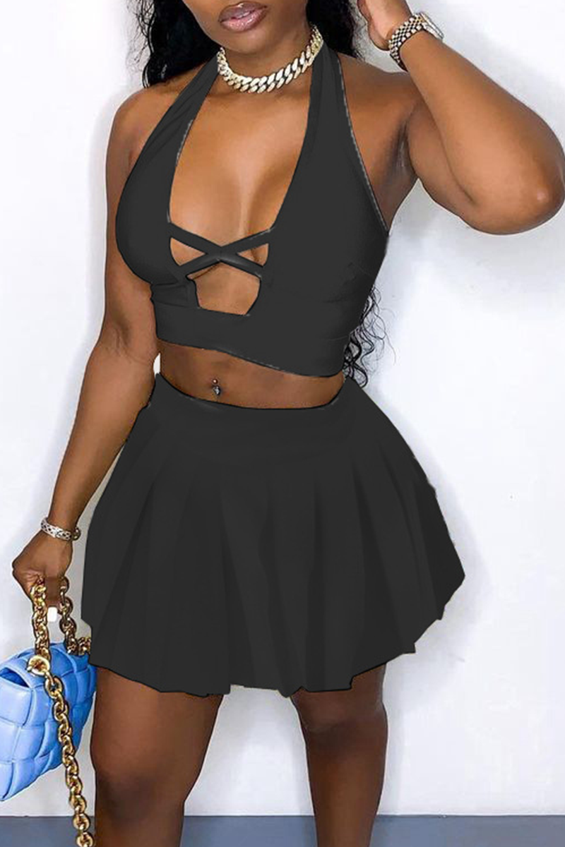 Sexy Solid Split Joint Halter Sleeveless Two Pieces