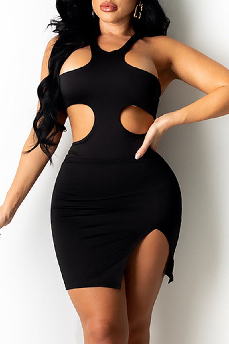 Sexy Solid Hollowed Out Asymmetrical Halter A Line Dresses