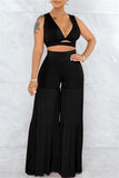 Fashion Casual Solid Hollowed Out Split Joint Backless V Neck Sleeveless Two Pieces