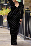 Fashion Sexy Solid Hollowed Out See-through V Neck Long Sleeve Plus Size Dresses