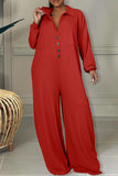 Casual Solid Patchwork Pocket Buckle Turndown Collar Plus Size Jumpsuits