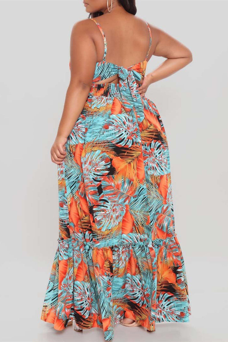 Sexy Casual Plus Size Print Slit V Neck Sling Dress