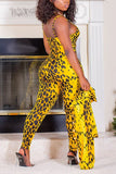 Fashion Leopard Printing Sling Jumpsuit Yellow Set