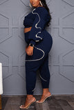 Fashion Casual Solid Rivets O Neck Plus Size Set