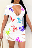 Fashion Casual Letter Print Ripped Hollowed Out O Neck Short Sleeve Dress Dresses