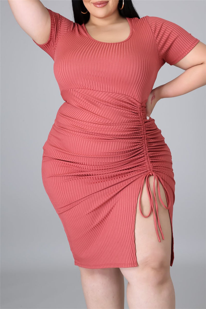 Sexy Casual Plus Size Solid Slit O Neck Short Sleeve Dress