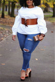 Fashion Sexy Solid Color White Puff Sleeve Shirt (Without Girdle)
