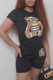 Casual Animal Print Split Joint O Neck Short Sleeve Two Pieces