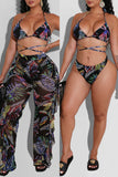 Fashion Sexy Print Backless Strap Design Swimwears Three-piece Set