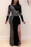 Fashion Sexy Solid Slit Hot Drill O Neck Swagger Dresses