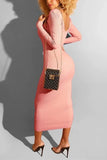 Fashion V-Neck Long-Sleeved Pink Dress (without belt)