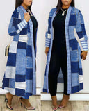 Plus Size Denim Look Print Lace Patch Longline Coat