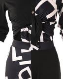 Letter Print Colorblock Knotted Top & High Waist Pants Set