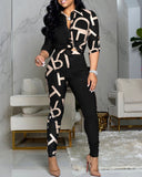 Letter Print Colorblock Knotted Top & High Waist Pants Set