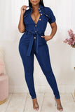 Fashion Casual Solid Split Joint With Belt Turndown Collar Regular Jumpsuits