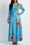 Fashion Casual Print Light Blue Long Sleeve Dress