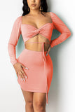 Sexy Fashion Tight Pink Long Sleeve Dress