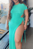 Fashion Sexy Plus Size Solid Hollowed Out Slit O Neck Short Sleeve Dress