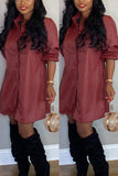 Fashion Casual Long Sleeve Wine Red  Leather Dress