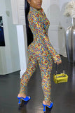 Sexy Fashion Printed Yellow Zipper Jumpsuit