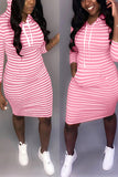 Casual Striped Three-Quarter Sleeve Hooded Pink Dress